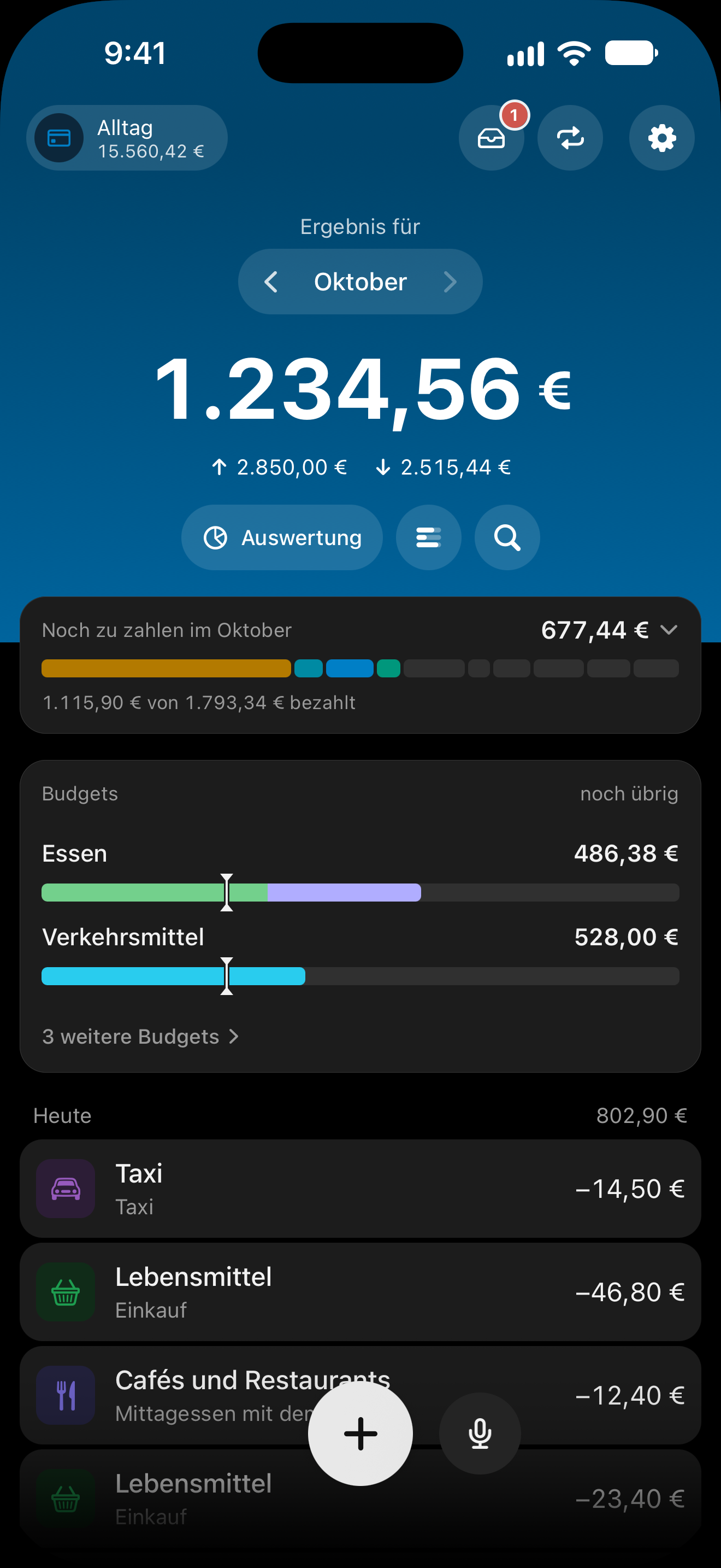 Der Startbildschirm: die Monatssumme, der Kontostand und die Liste der Buchungen nach Tagen.