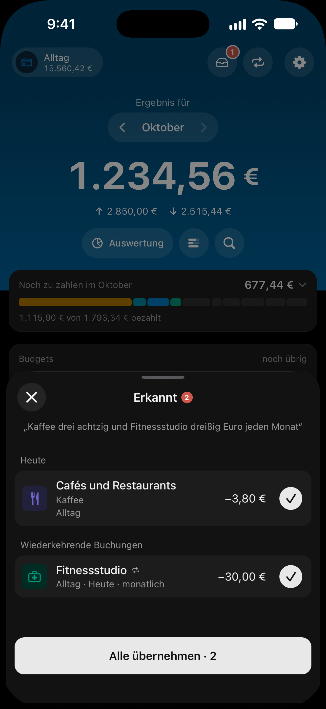 Die Sprachaufnahme: ein gesprochener Satz wird zu Entwürfen, die noch bestätigt werden müssen.