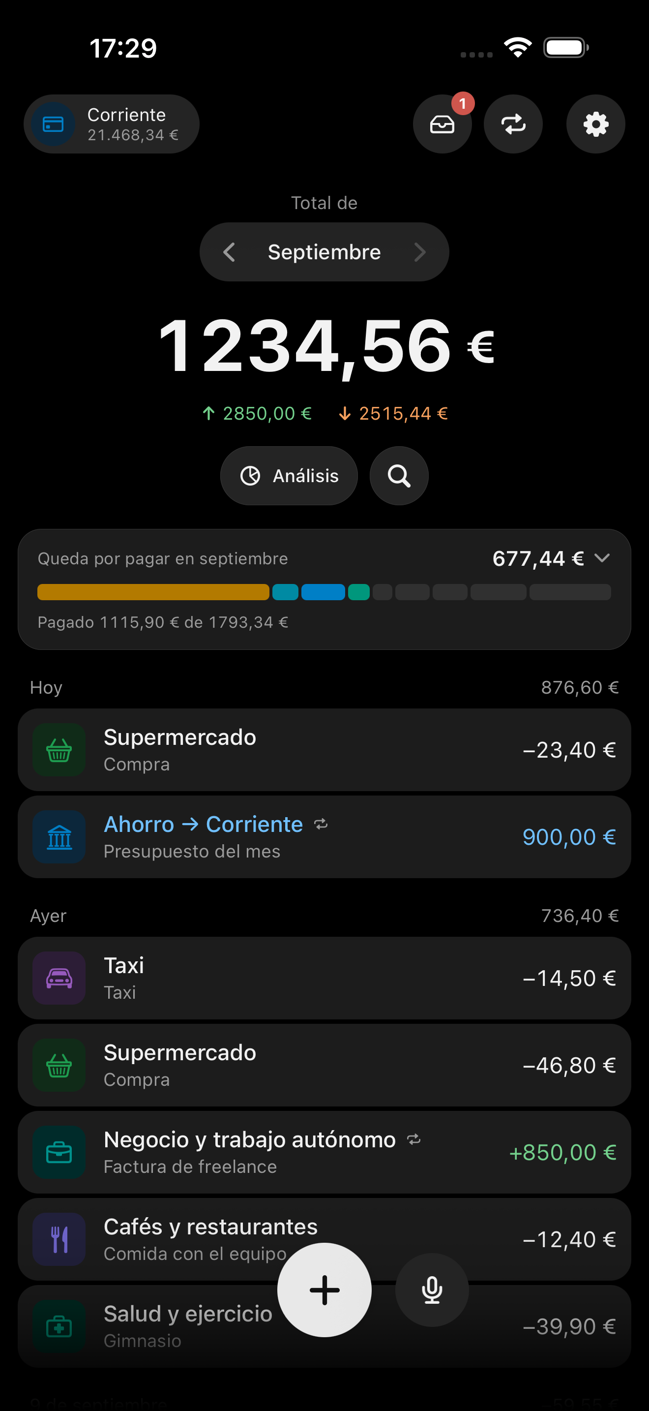 La pantalla de inicio: el total del mes, el saldo de la cuenta y los movimientos por día.