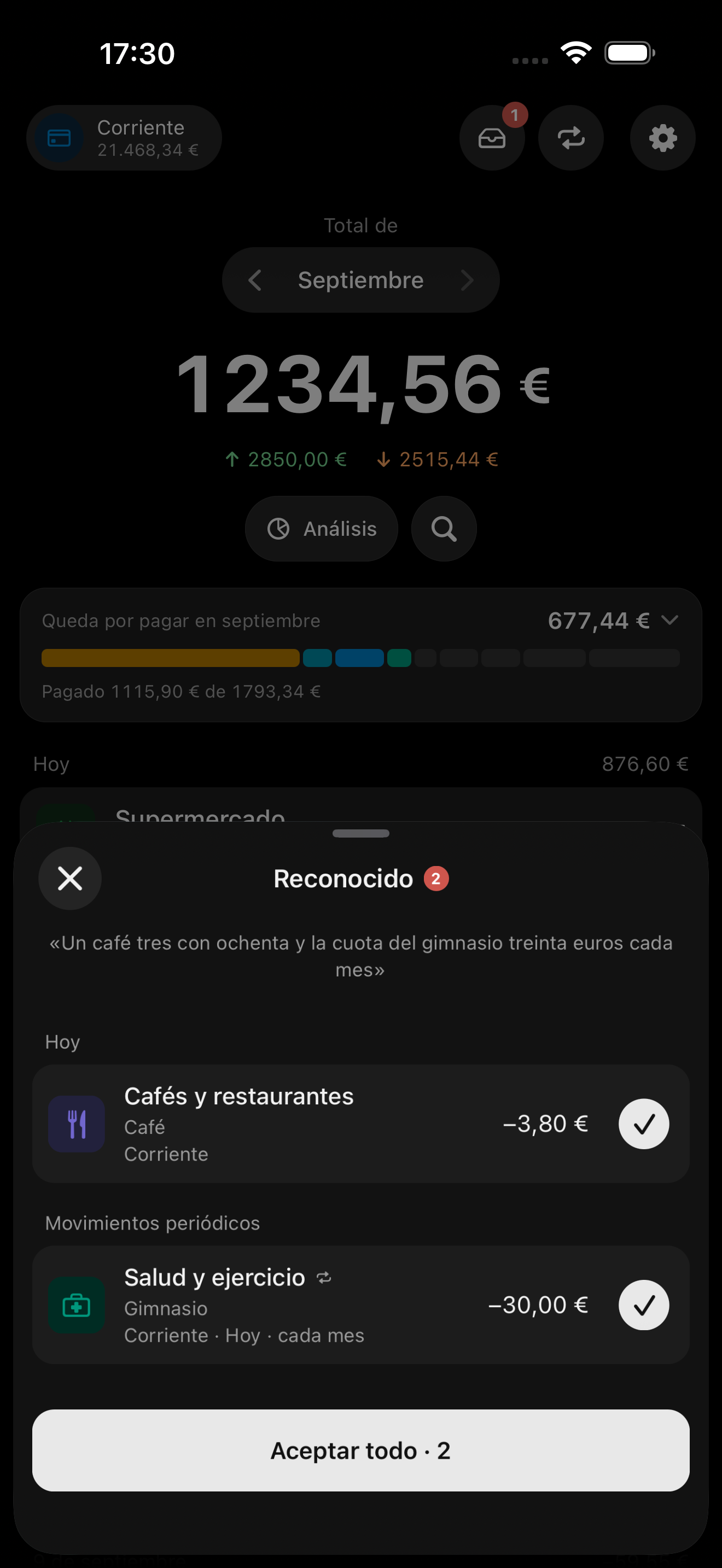 La entrada por voz: una frase dicha convertida en borradores de movimientos que esperan confirmación.