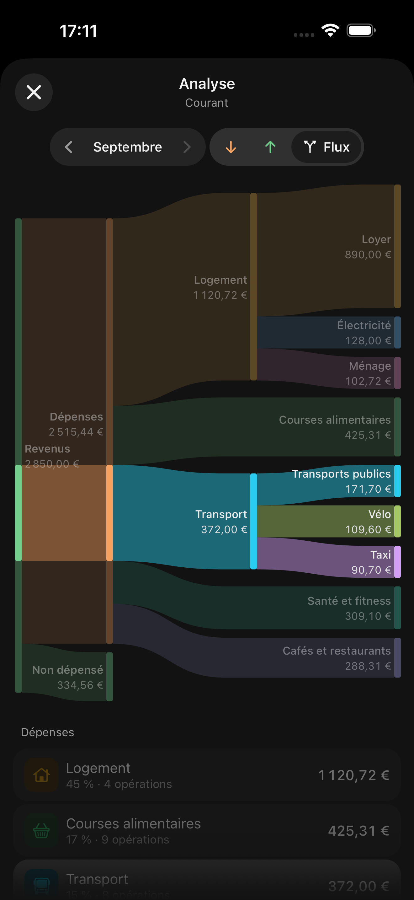 L’analyse en mode Flux : les revenus à gauche, les dépenses et leurs catégories à droite, ce qui n’a pas été dépensé en bas, et le chemin d’une catégorie mis en évidence.