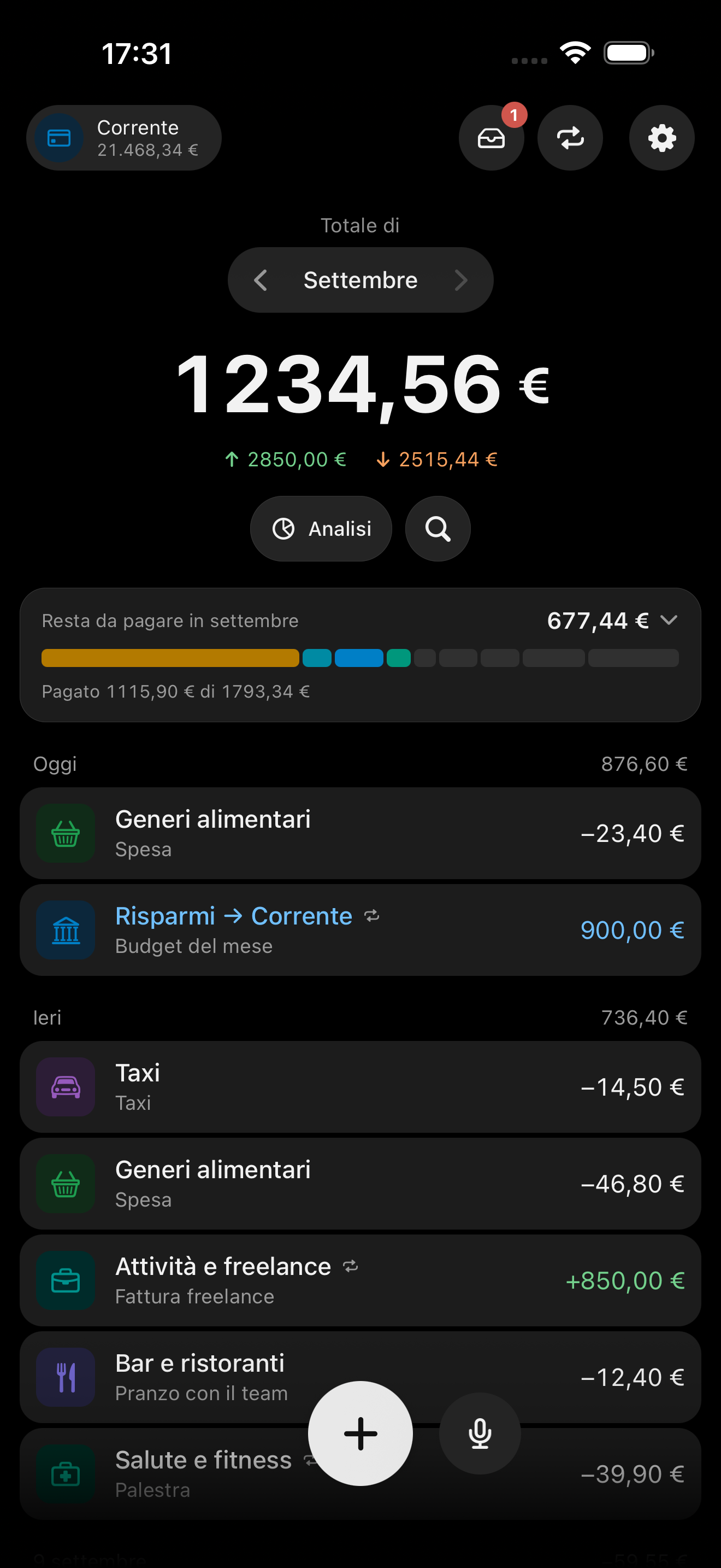 La schermata iniziale: il totale del mese, il saldo del conto e i movimenti giorno per giorno.
