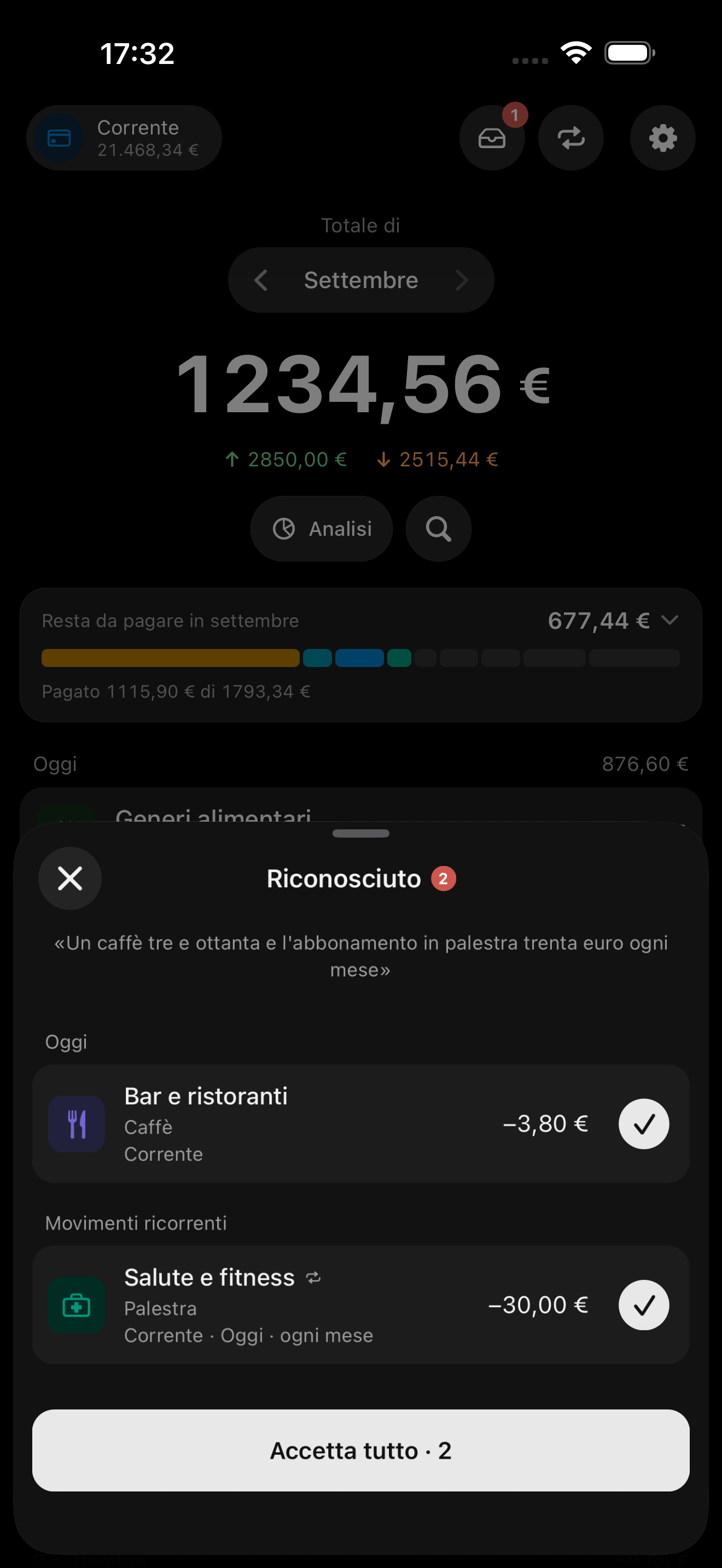 L’inserimento vocale: una frase detta trasformata in bozze di movimenti in attesa di conferma.